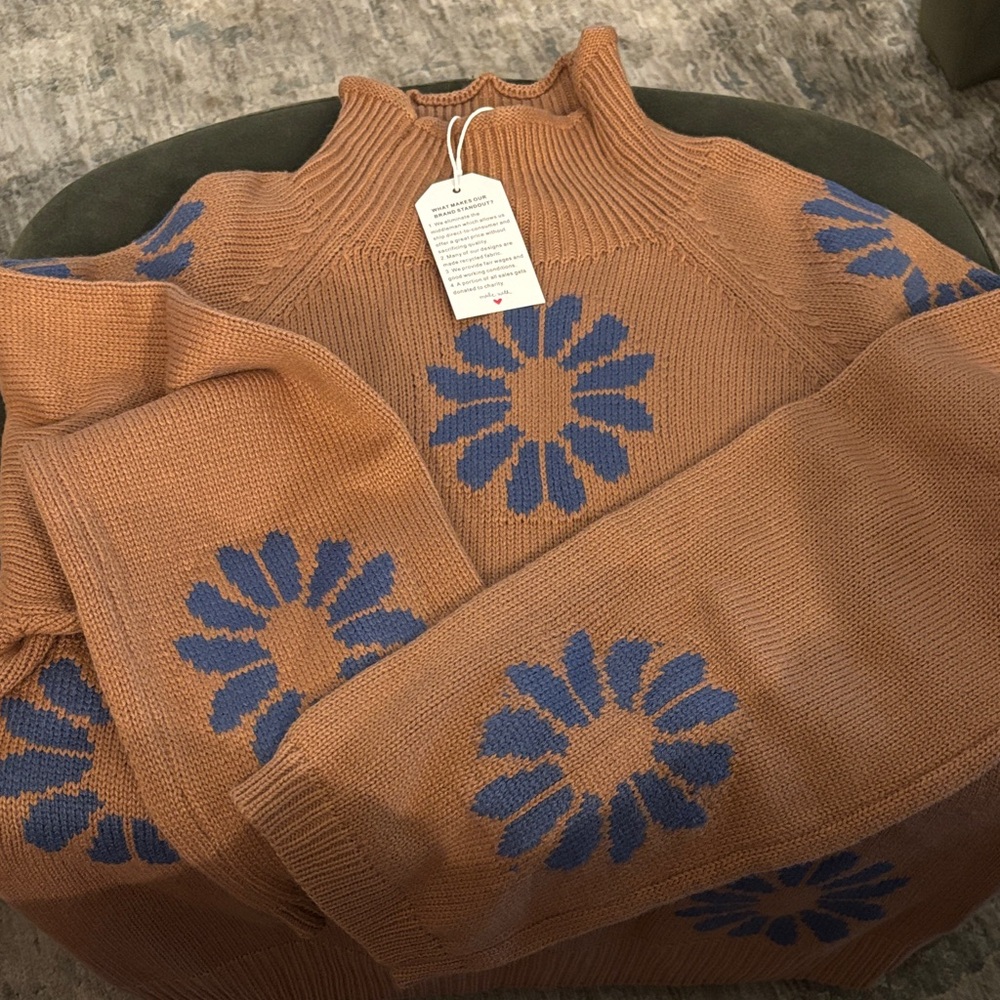 Floral Patterned Sweater - Tan and Blue